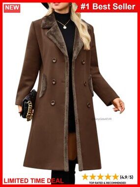 Women's Double Breasted Pea Coat Faux Fur Collar Notch Lapel Slim Fit Poly